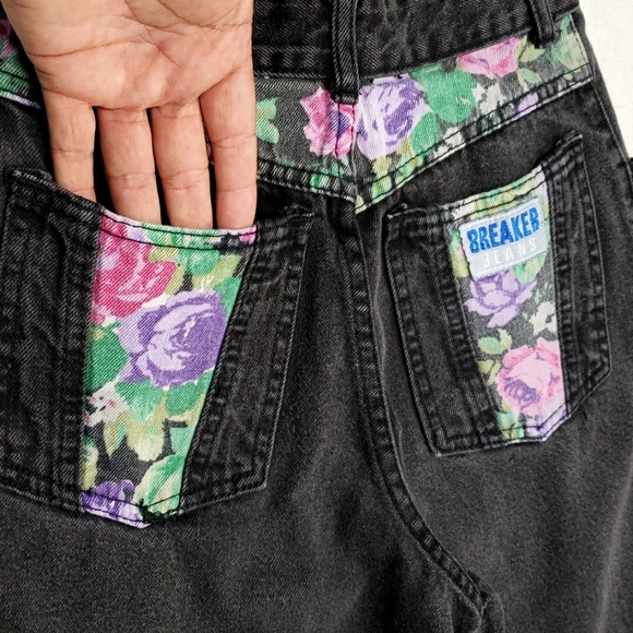 Breaker Vintage Jeans Women's Small High Waisted Pleated Front Floral Patches - Picture 5 of 12